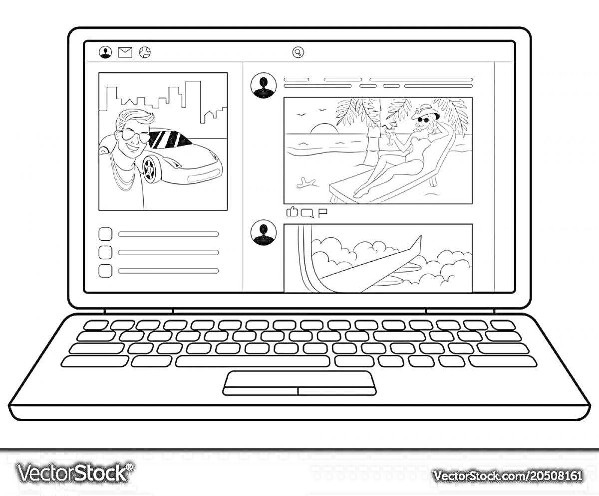 Раскраска Раскраска с изображением ноутбука с открытыми вкладками социальных сетей, картинками машины, человека на пляже и самолета.