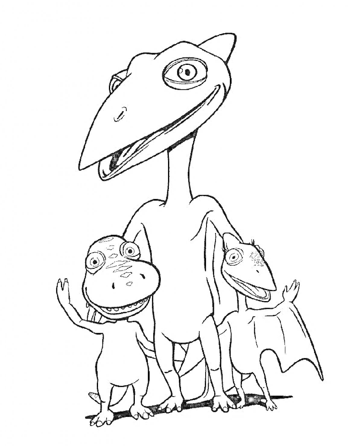 На раскраске изображено: Тарбозавр, Детеныши, Три персонажа