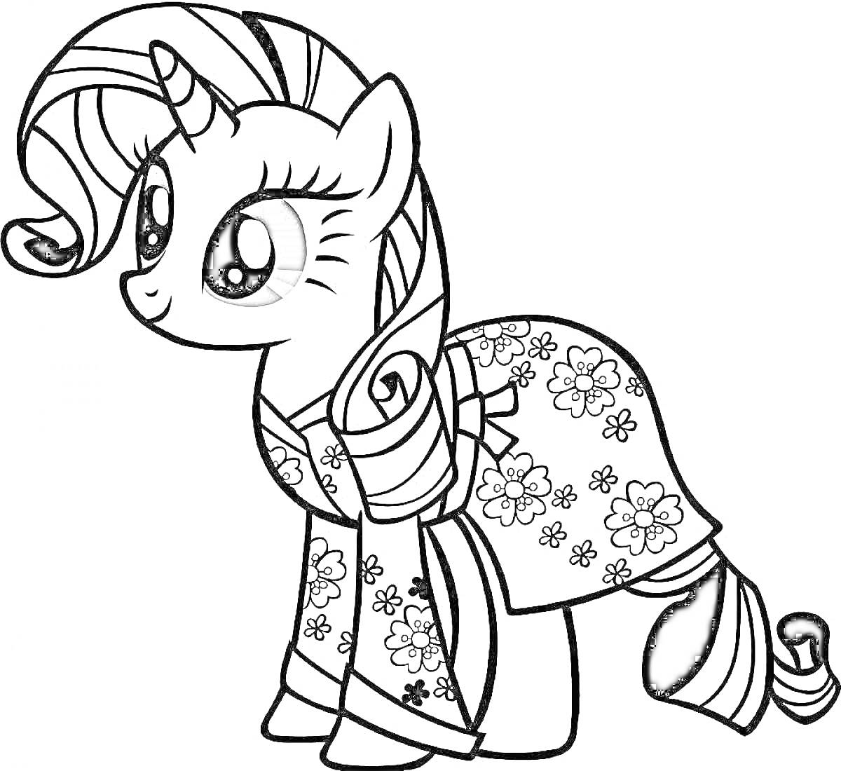 Раскраска Пони-единорог с густой гривой, большими глазами в кимоно с цветочным узором и бантом
