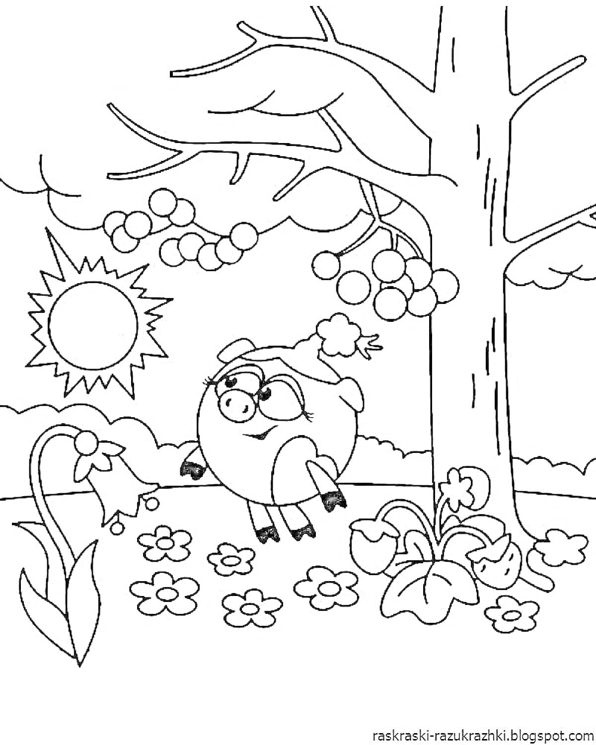 На раскраске изображено: Смешарики, Нюша, Цветы, Ягоды, Солнце, Природа, Из мультфильмов, Для детей, Деревья