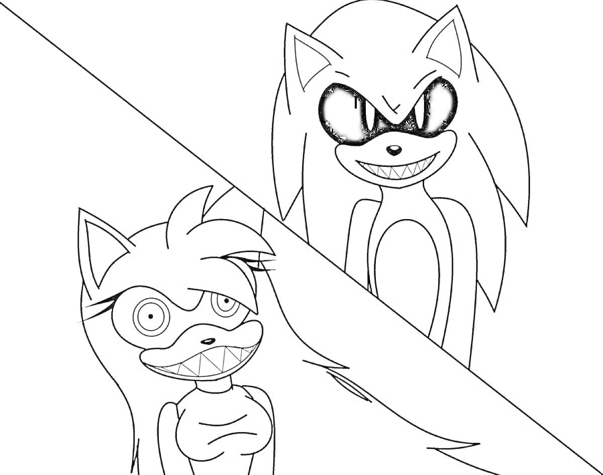 два персонажа Sonic.exe, один герой с чёлкой и усыпающими глаза друг под другом, с острыми зубами и глазами в мультяшном стиле на белом фоне