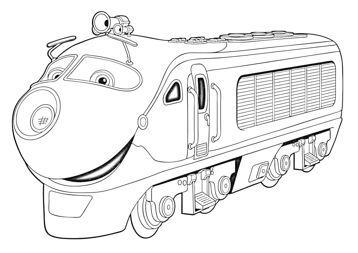 Раскраска Чучу Чарльз улыбающийся поезд с прожекторами на крыше и открытой дверью