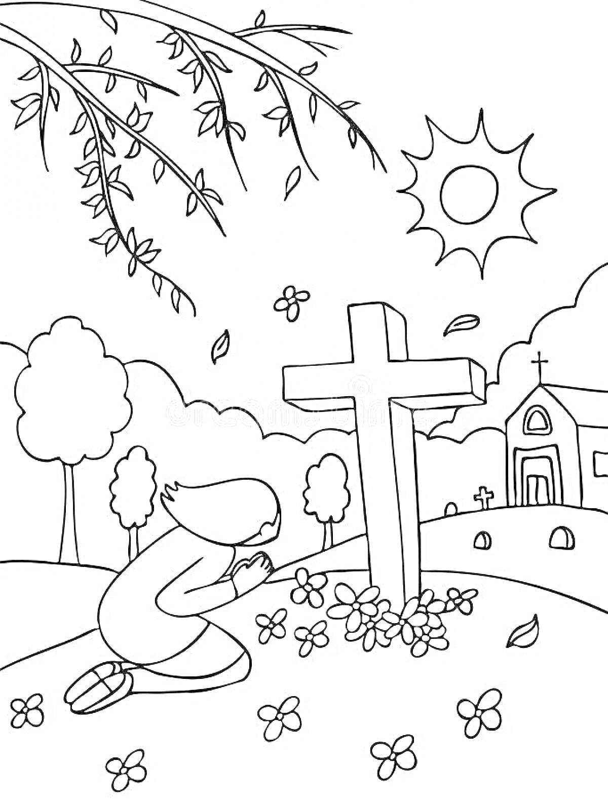 РаскраскаЧеловек на коленях перед могилой с крестом, цветы вокруг, на заднем плане небольшая церковь, деревья и солнечное небо