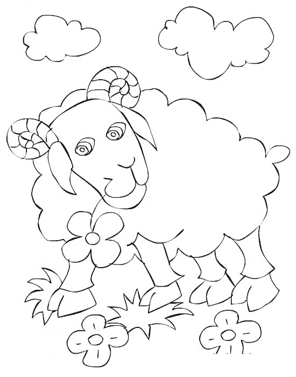 Раскраска Баран с цветами и облаками