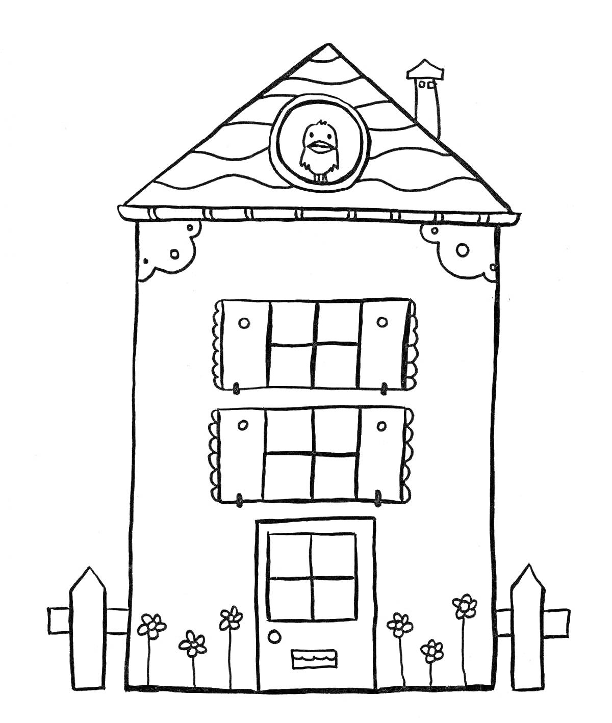 На раскраске изображено: Дом, Окна, Цветы, Забор, Ставни, Крыша, Труба, Флюгер
