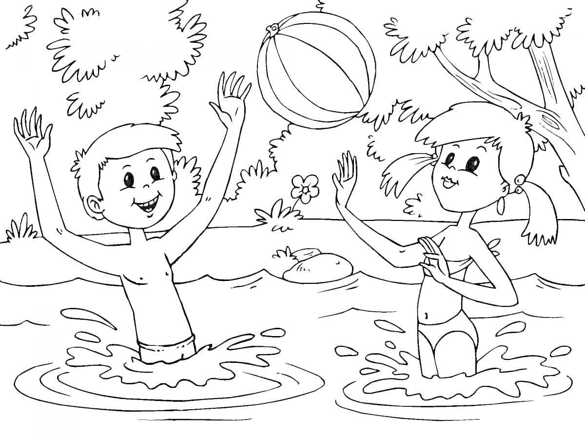 На раскраске изображено: Мальчик, Девочка, Вода, Плавание, Пляж, Природа, Лето, Активный отдых, Здоровый образ жизни, ЗОЖ, Игры на свежем воздухе