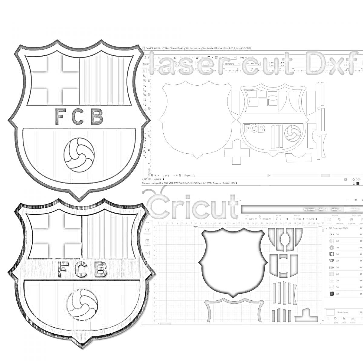 Раскраска Эмблема Барселона на двух участках, один контурный эмблема с полосками и мячом в центре, другой пустой шаблон с контуром деталей.