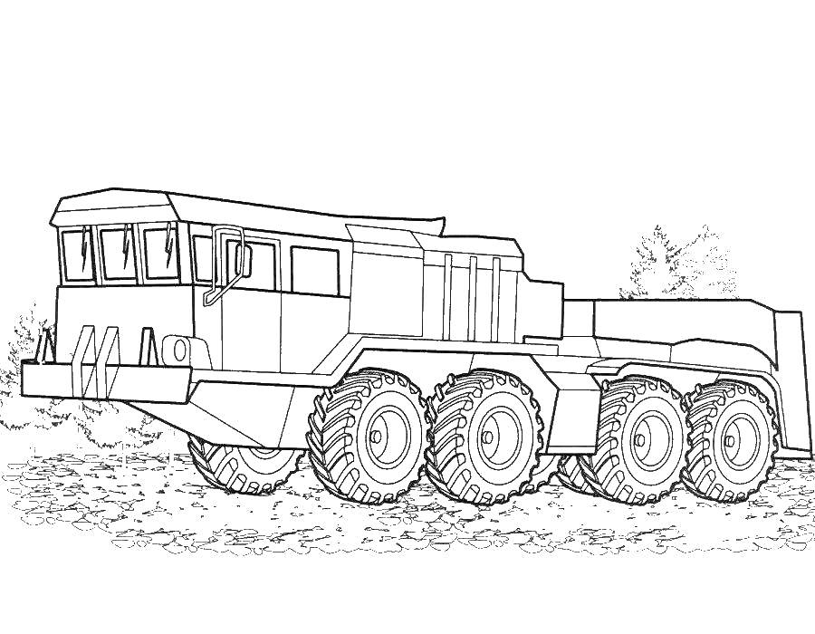 Раскраска Внедорожный грузовик с восемью колесами в движении по грунтовой дороге, лес на заднем плане