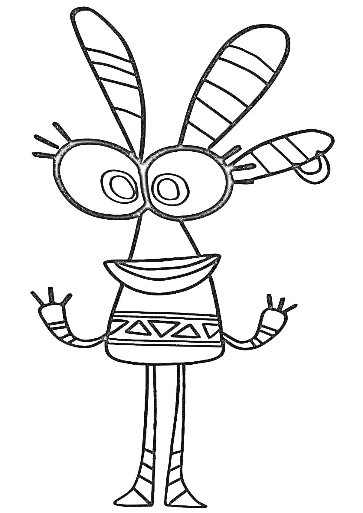 Раскраска Куми куми с большими глазами, длинными ушами и узорами на одежде