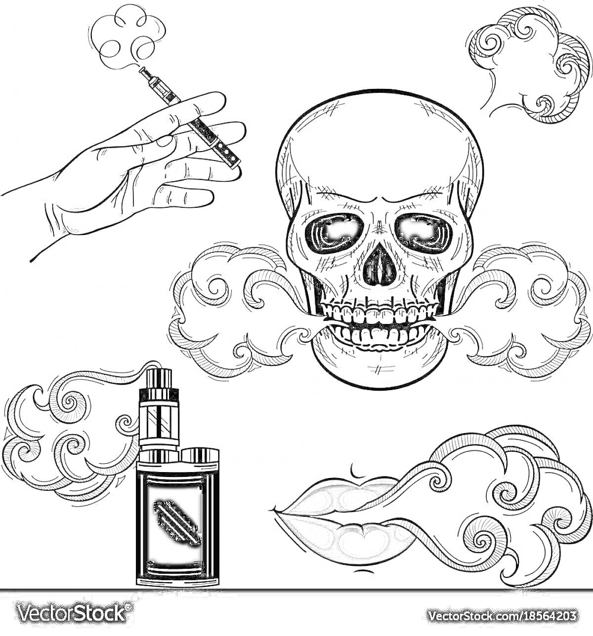 На раскраске изображено: Электронные сигареты, Курение, Череп, Дым, Вейп, Вейпинг