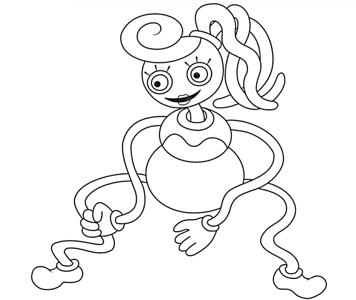 Раскраска Мама с длинными ногами и руками, волосы собраны в высокий хвост, закрученные волосы, крупные круги на глазах, нарисована в мультяшном стиле