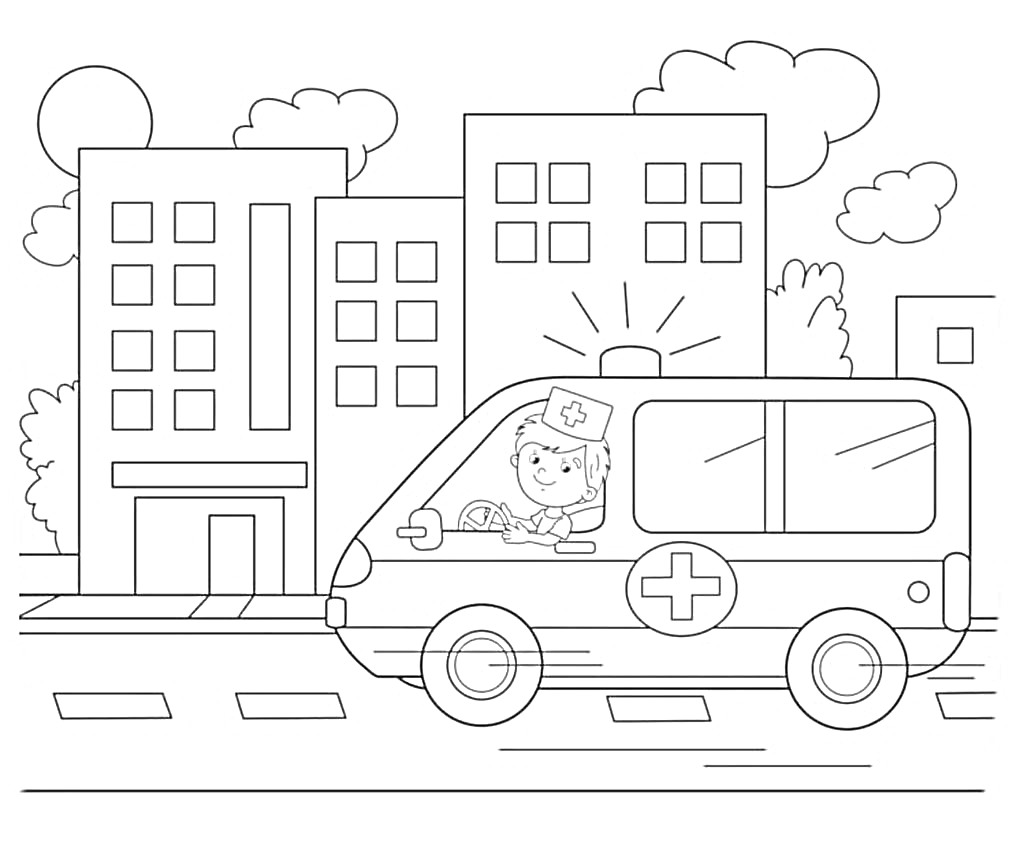 Раскраска Скорая помощь с водителем медиком среди городских зданий