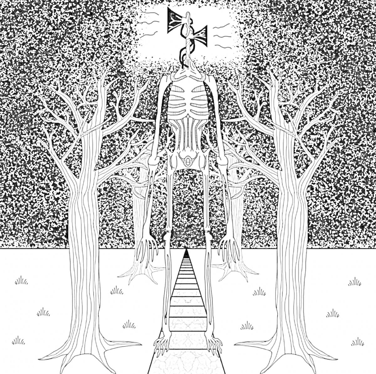 На раскраске изображено: Сиреноголовый, Вечер, Деревья, Ужасы, Монстр