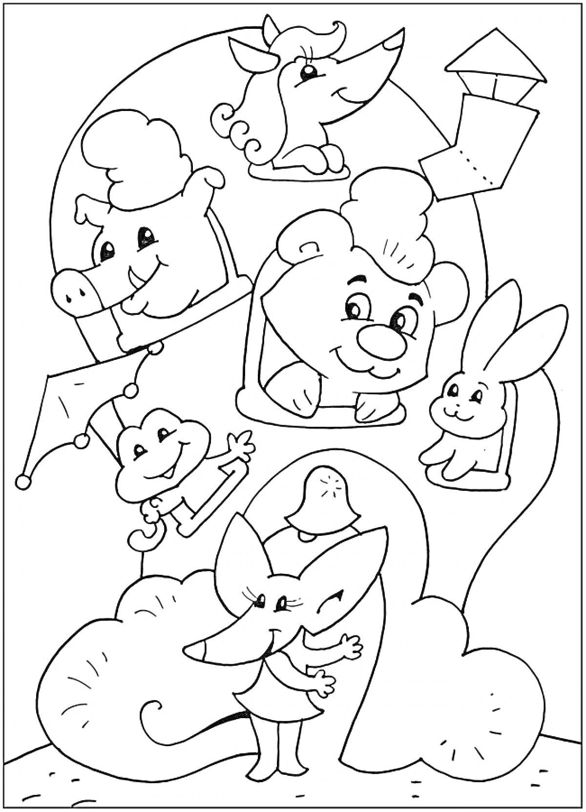 Раскраска Рукавичка с животными: лиса, кролик, медведь, лягушка, свинка и мышка