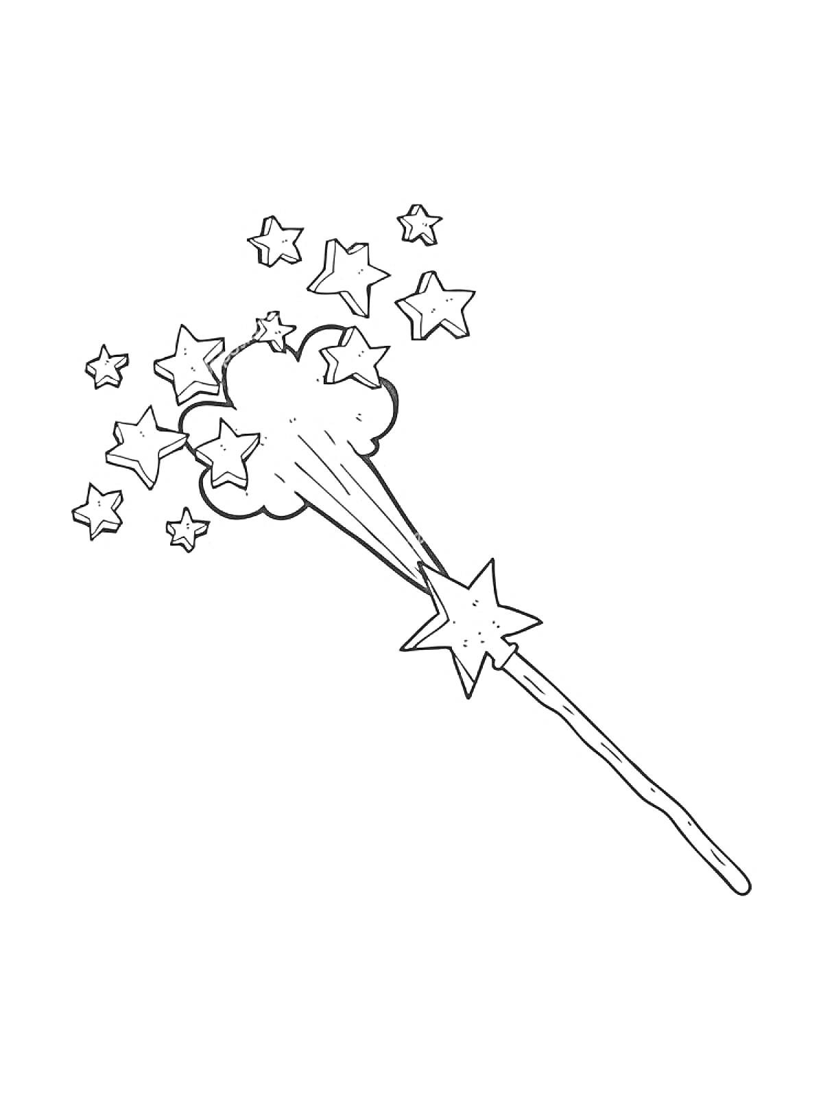 На раскраске изображено: Волшебная палочка, Звезды, Магия, Волшебство, Контурное изображение, Для детей