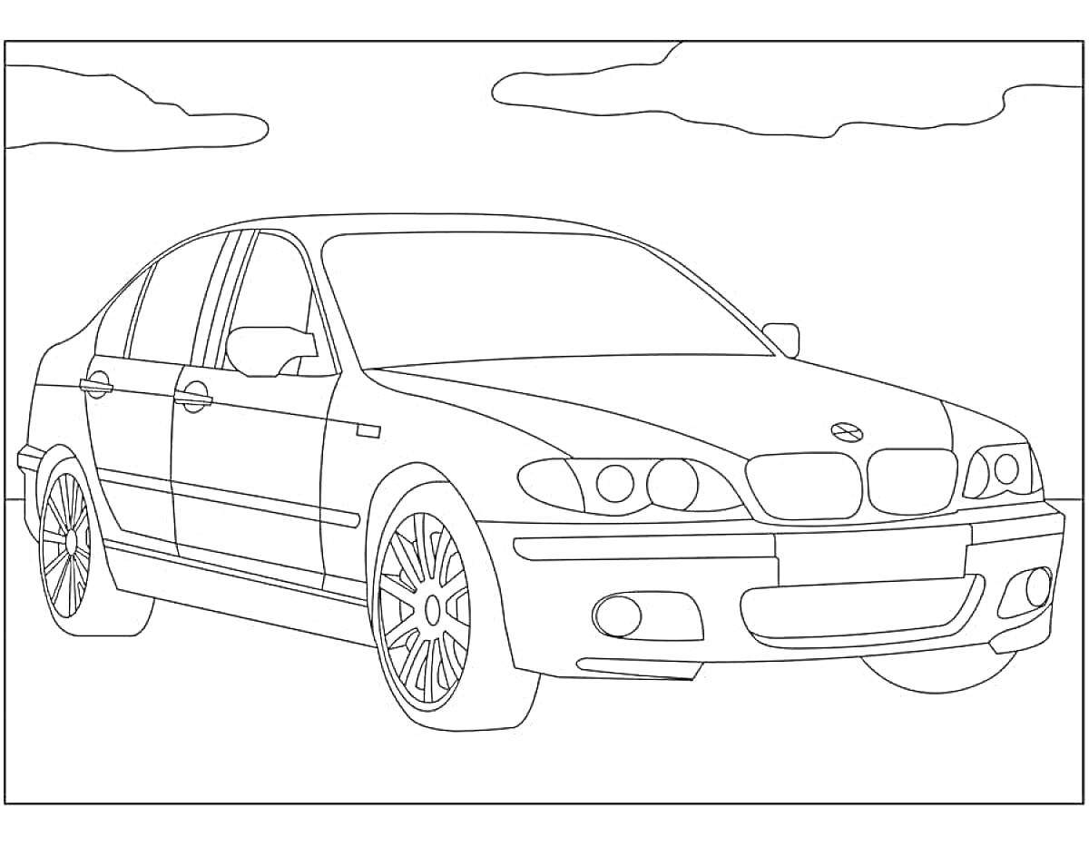 На раскраске изображено: BMW, Машины, Транспорт, Облака, Авто