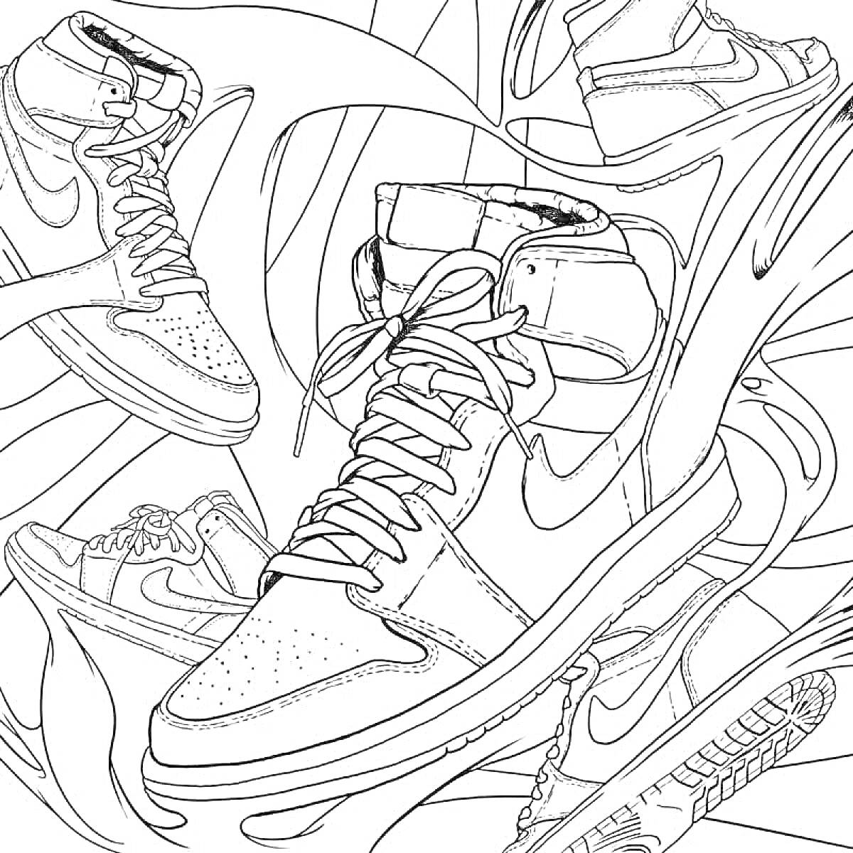 Раскраска Кроссовки Nike Air Jordan, вид со всех сторон и в движении на абстрактном фоне