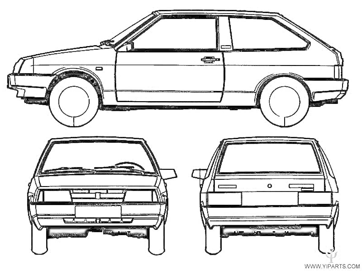 Раскраска ВАЗ 2108 вид сбоку, спереди и сзади