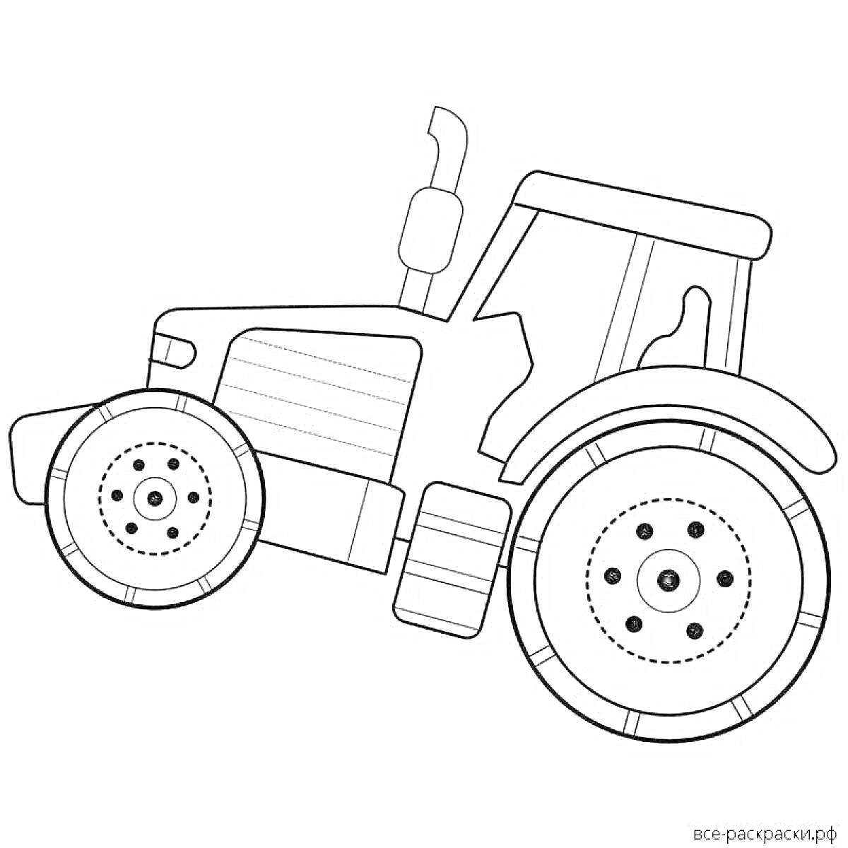 На раскраске изображено: Трактор, Большие колеса, Труба, Для детей, Техника, Синий трактор