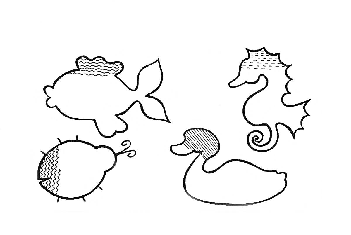 На раскраске изображено: Штриховка, Рыба, Морской конек, Утка, Божьи коровки