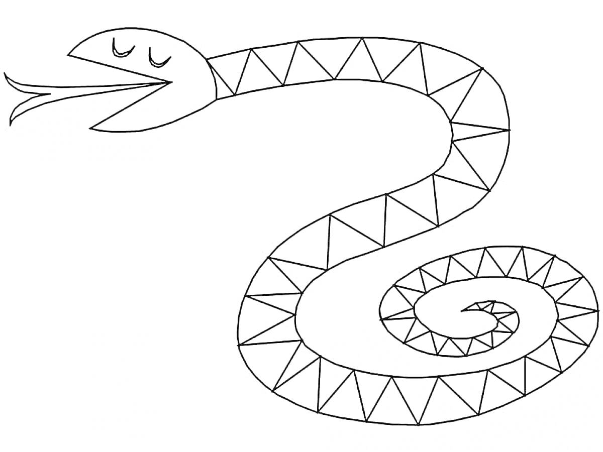 На раскраске изображено: Змея, Закрытые глаза, Треугольники, Для детей, Язык, Контур, Спираль