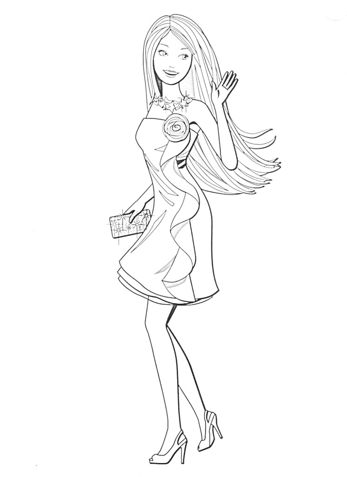 Раскраска Девушка в платье с цветком, с сумочкой, в туфлях на каблуках, машет рукой