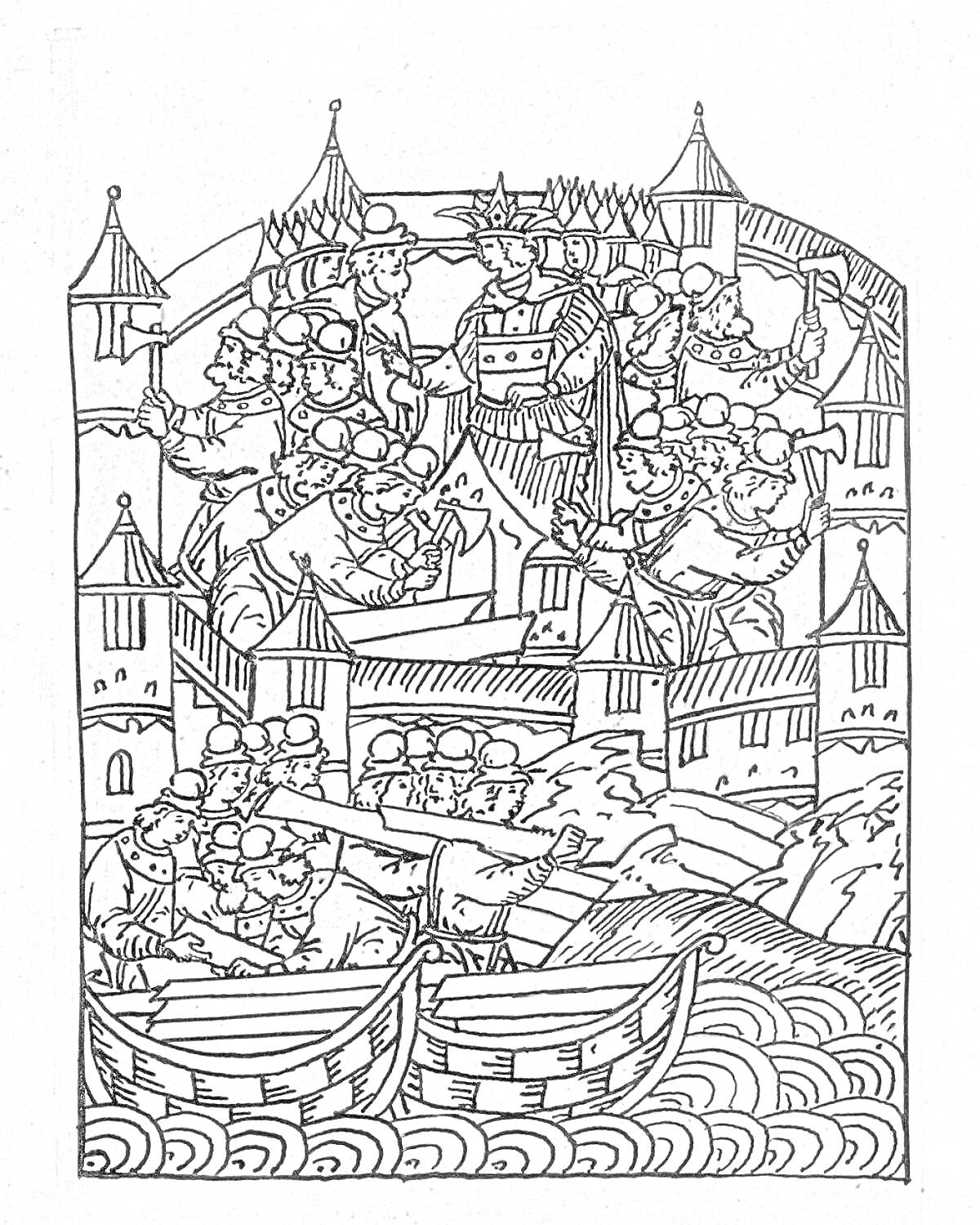 Раскраска Средневековая сцена в замке с армией и лодками на воде