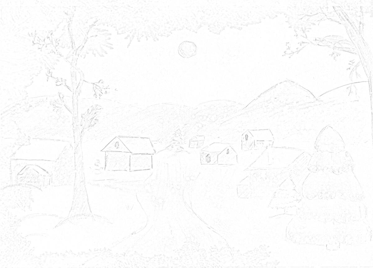 На раскраске изображено: Вьюга, Деревня, Зима, Снег, Деревья, Скалы, Природа, Облака