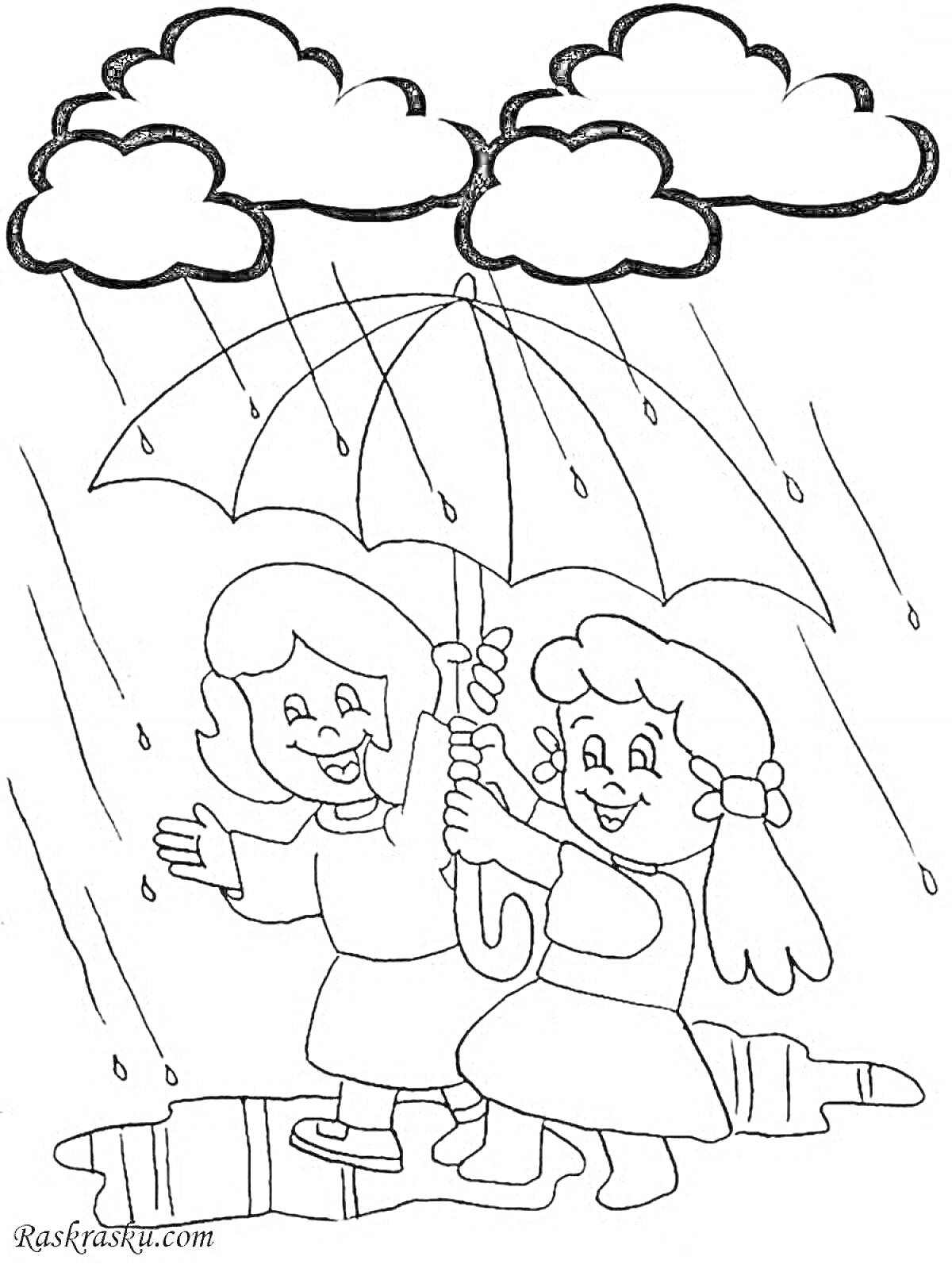 Раскраска Дети под зонтом под дождем - двое детей держат зонт под дождем, вокруг падают капли дождя, наверху три облака.