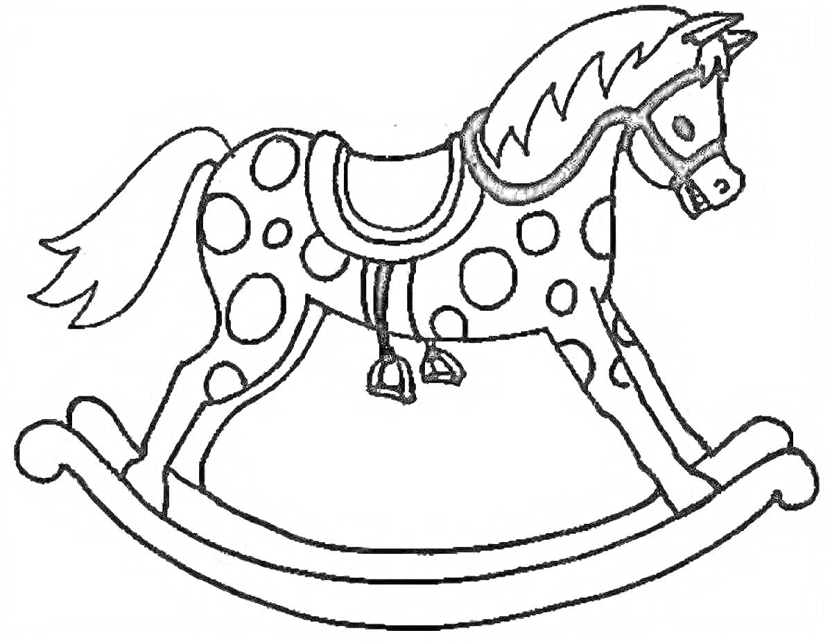 На раскраске изображено: Пятна, Седло, Конь, Качели