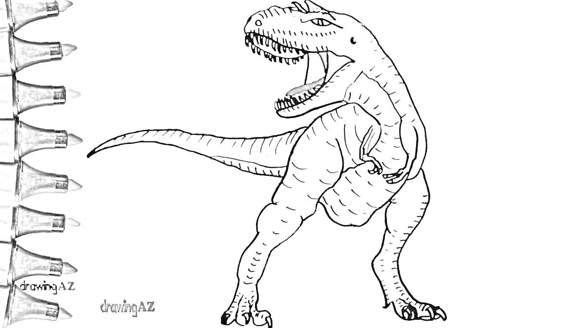 На раскраске изображено: Аллозавр, Динозавр, Открытая пасть, Контурные рисунки, Древние животные