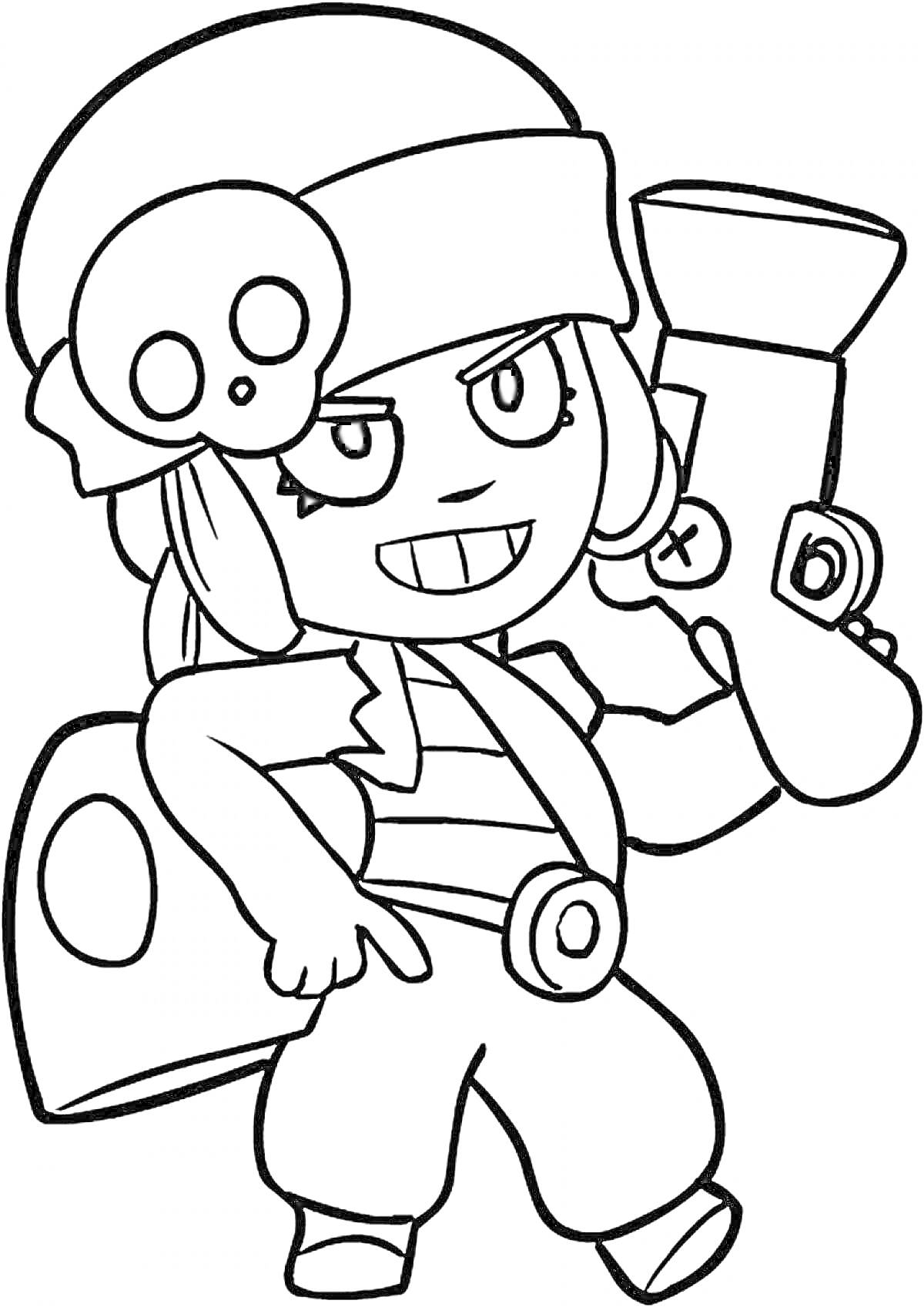 Раскраска Персонаж из игры Браво Старс с шапкой с черепом и пушкой