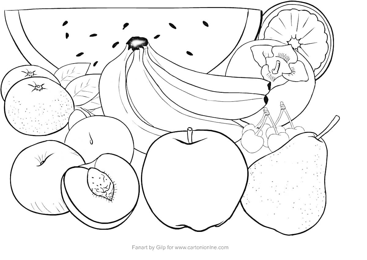 Раскраска арбуз, апельсин, бананы, груша, яблоко, абрикос, персик, вишни