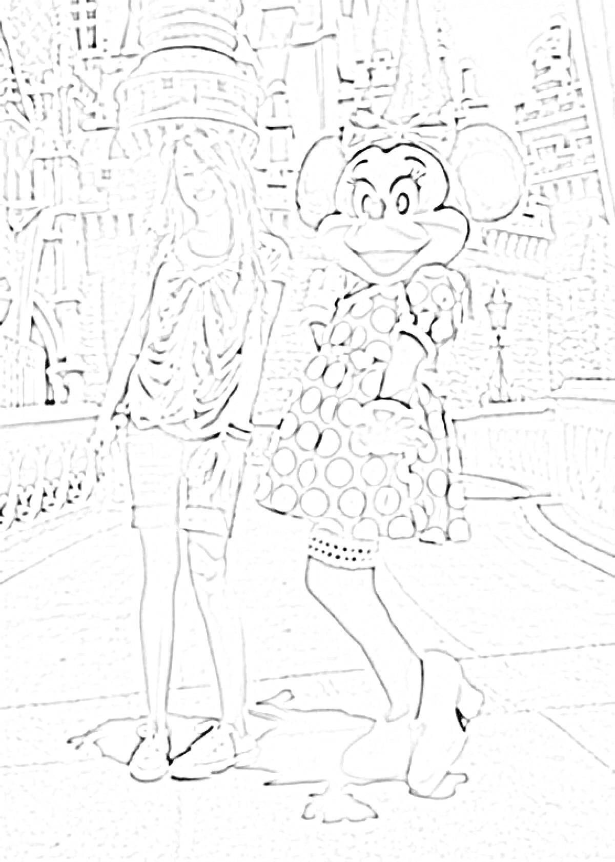 Раскраска Девушка и Минни Маус на фоне замка