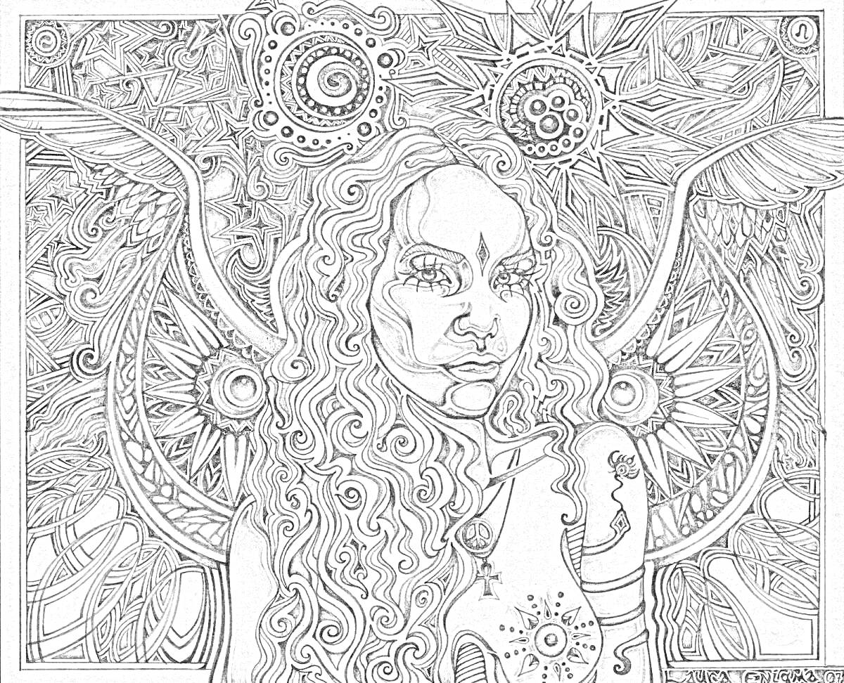 На раскраске изображено: Женщина, Ангельские крылья, Абстрактные элементы, Мистика, Длинные волосы, Узоры, Татуировки