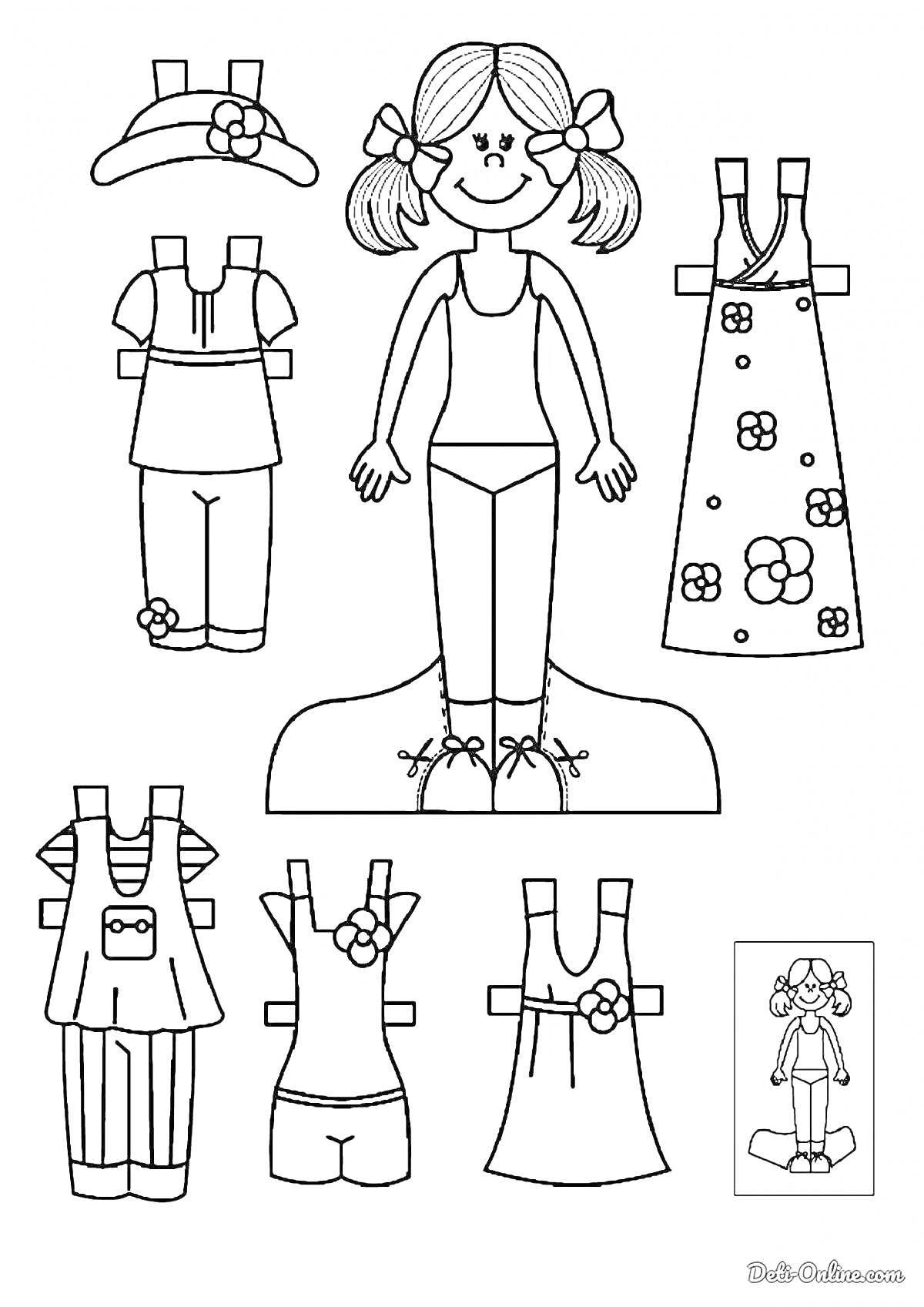 Раскраска Девочка с разными нарядами и аксессуарами