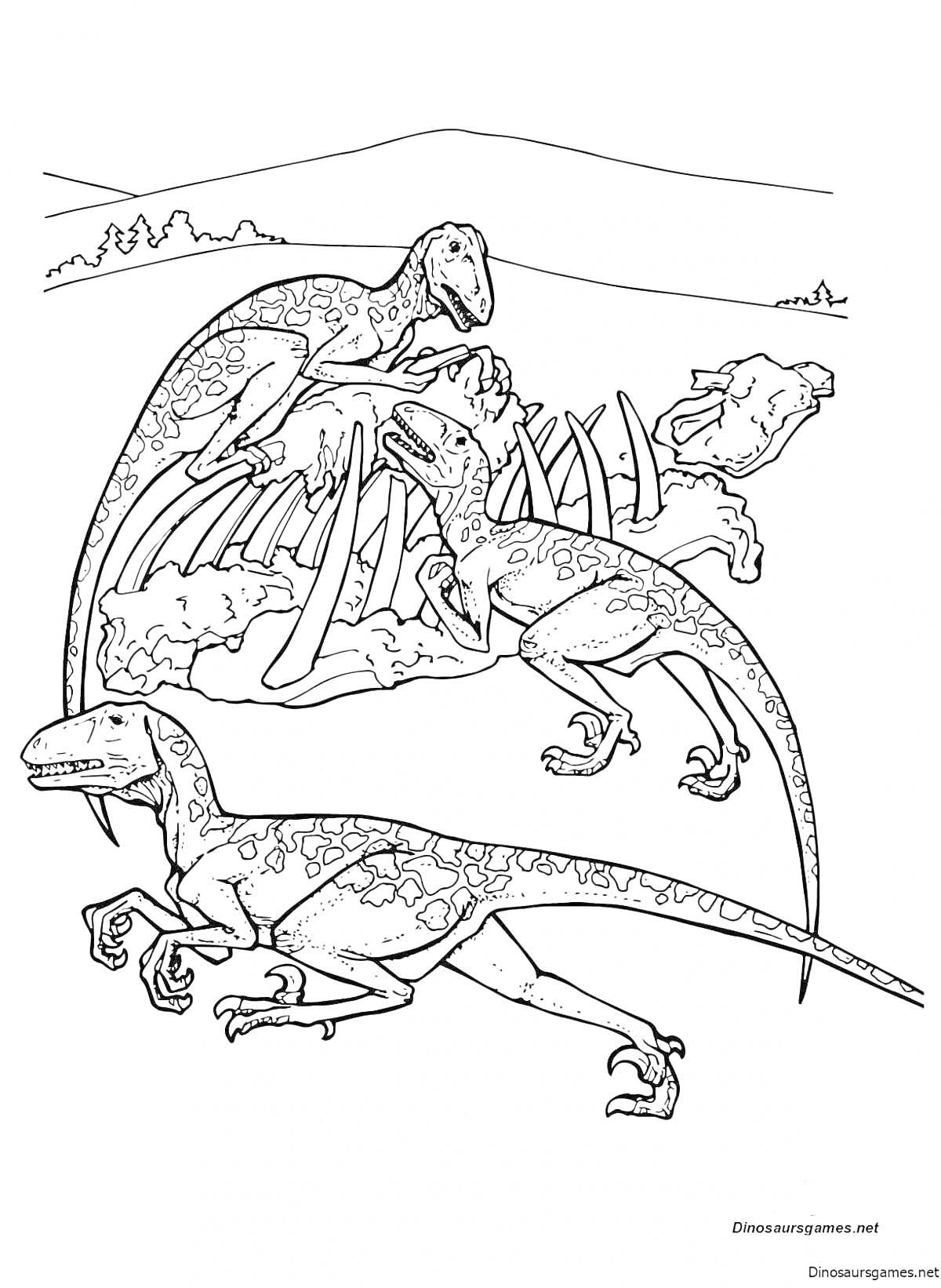 Раскраска Дейнонихи на фоне пейзажа и скелета динозавра
