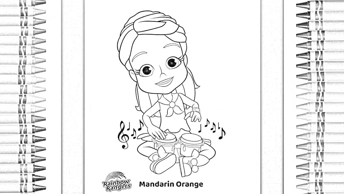 На раскраске изображено: Девочка, Музыка, Музыкальные ноты, Музыкальные инструменты, Радужные друзья, Для детей