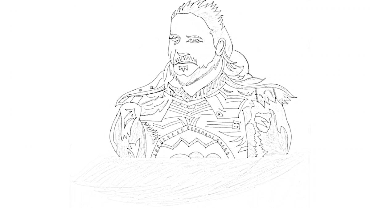 На раскраске изображено: Эртугрул, Боевое облачение, Длинные волосы, Усы, Исторический персонаж