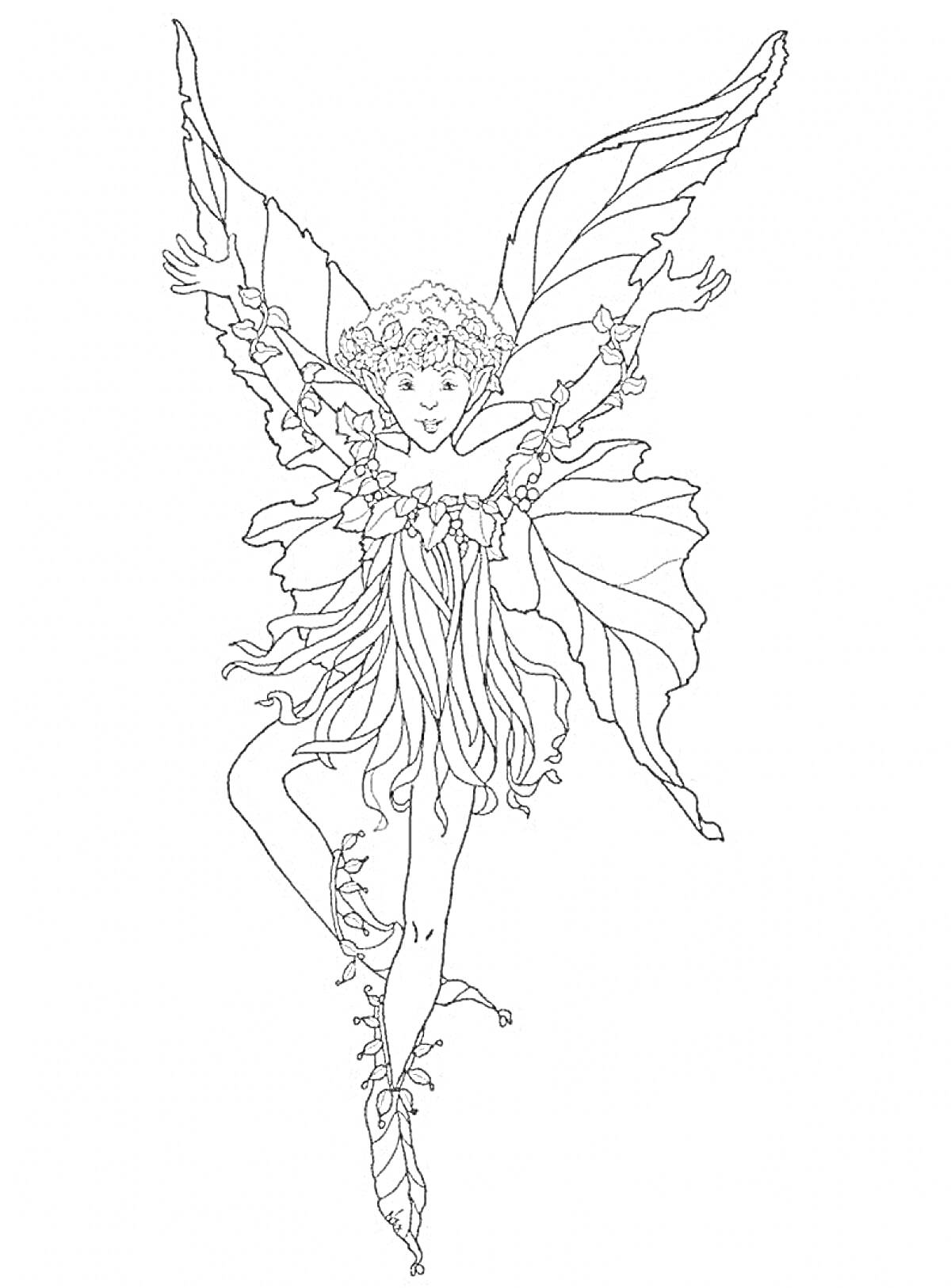 Раскраска Эльф в платье с крыльями и цветочной короной