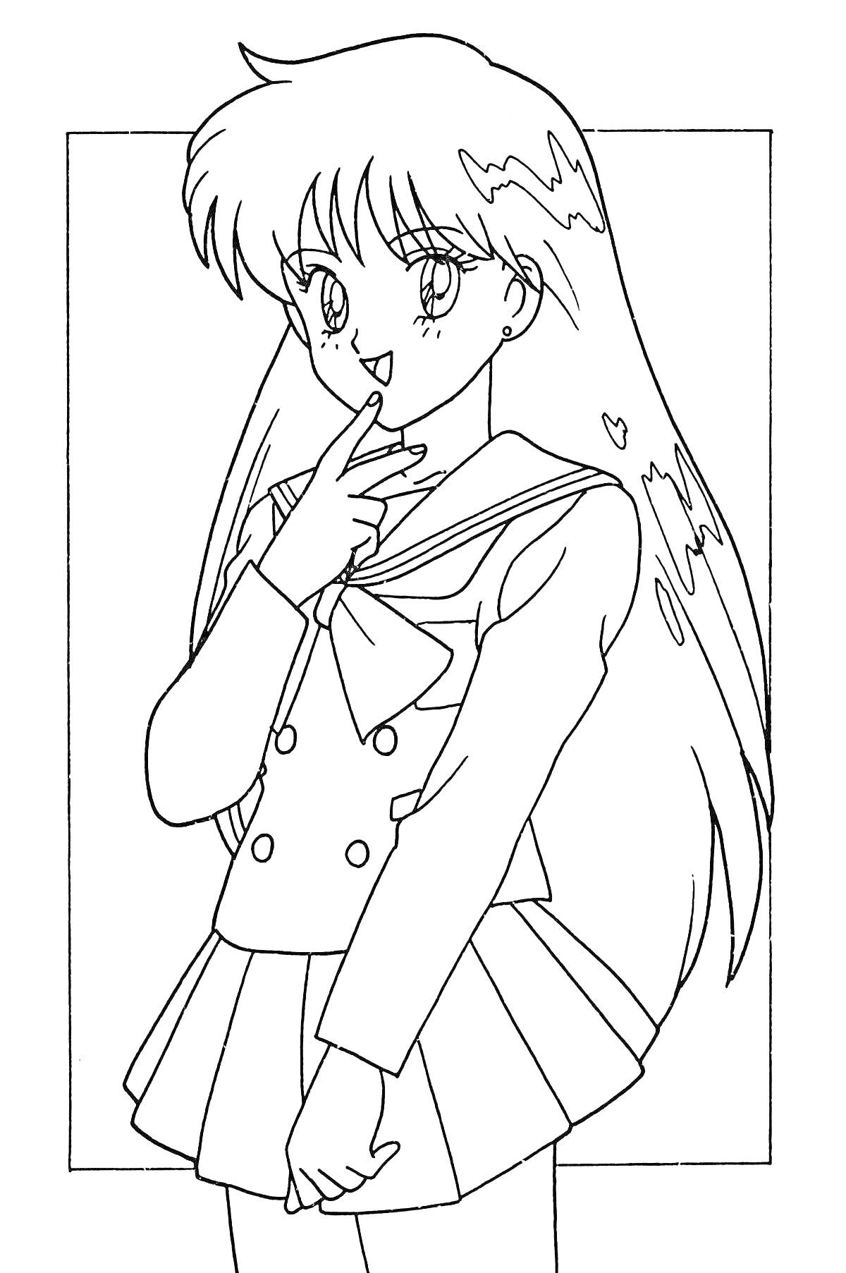 Раскраска Девочка-аниме в форме школьницы с длинными волосами и бантом на груди