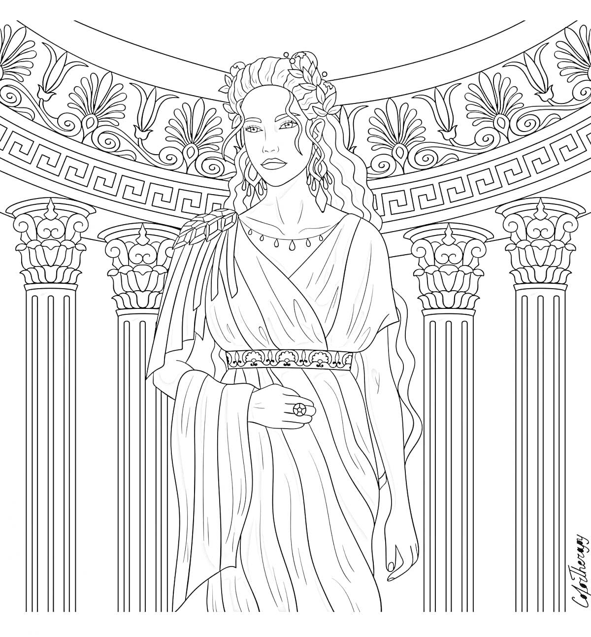 Раскраска Афродита — богиня с венком на голове, в традиционной древнегреческой одежде перед колоннадой с декоративными элементами