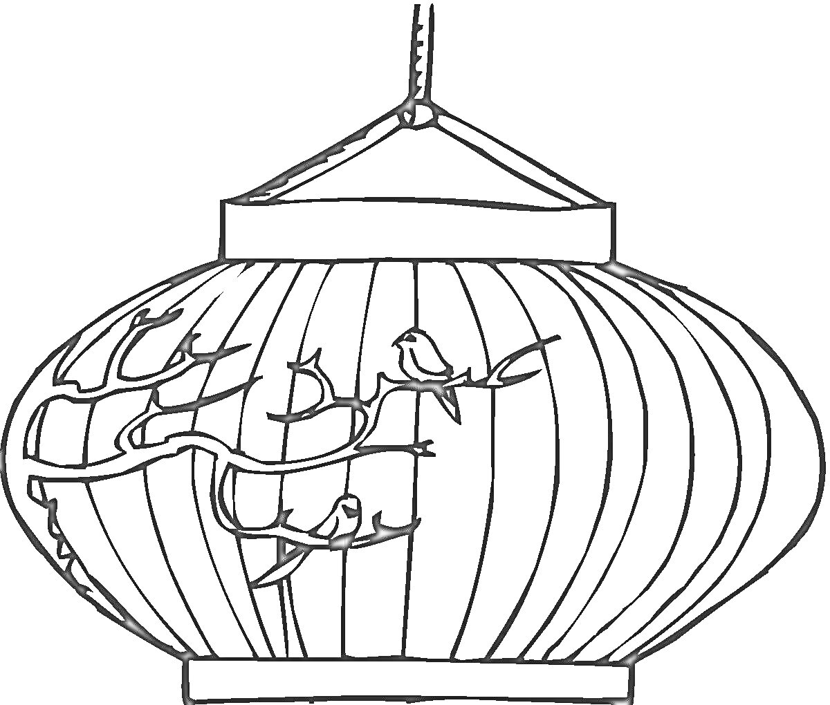 Раскраска Китайский фонарь с птицами на ветке