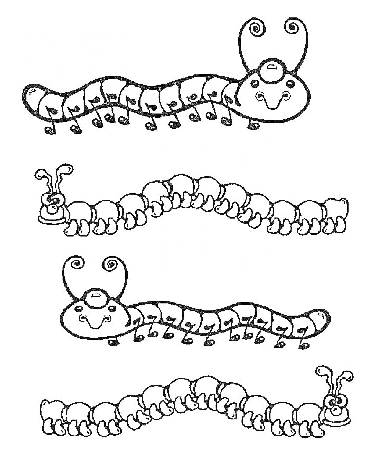 Раскраска Четыре собаки-гусеницы с усиками и ножками
