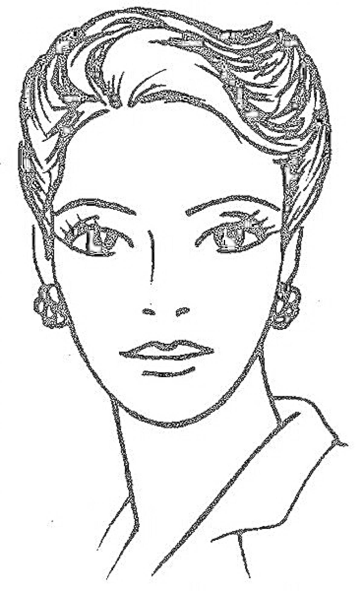 Раскраска Лицо женщины с короткими волосами, в серьгах, с высоко поднятой прической и в пиджаке