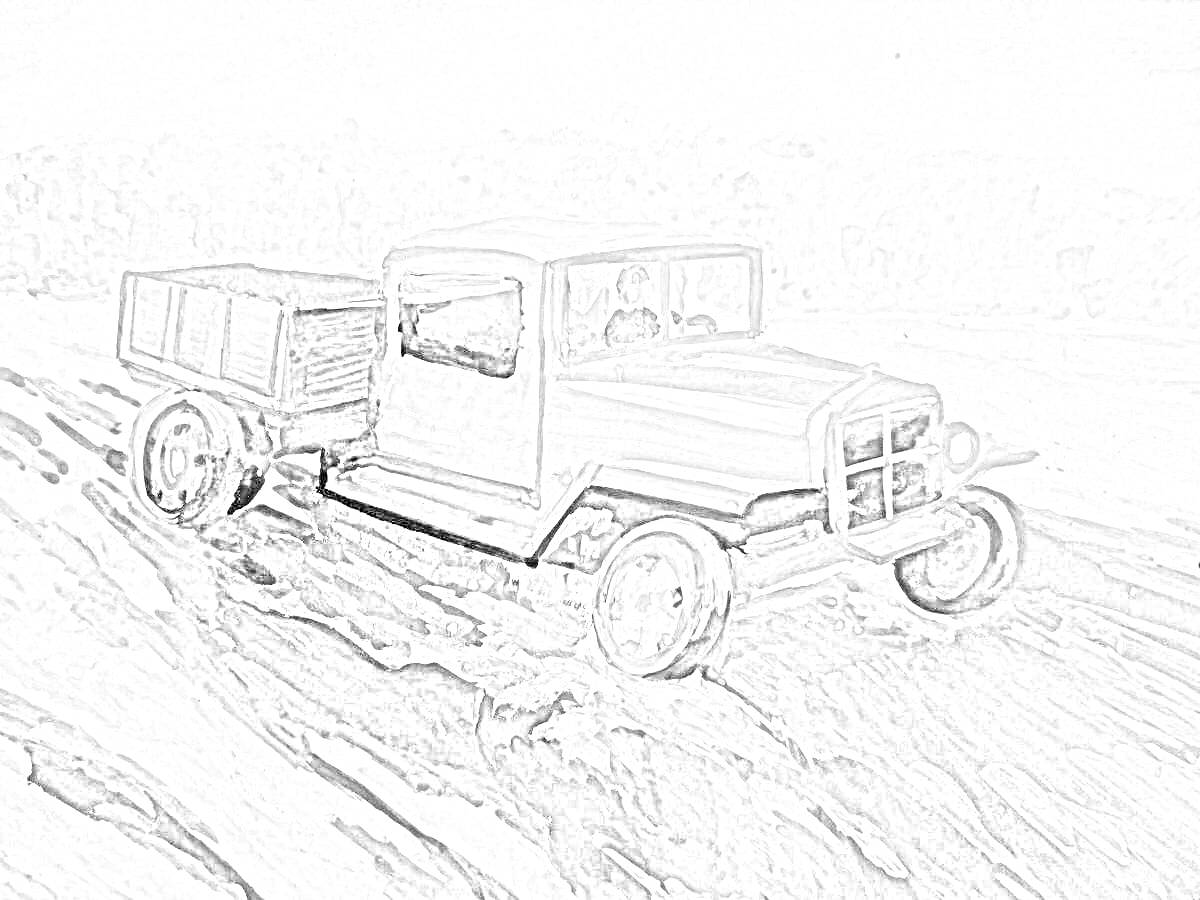 Раскраска Черно-белая раскраска грузовик ГАЗ АА Полуторка на дороге