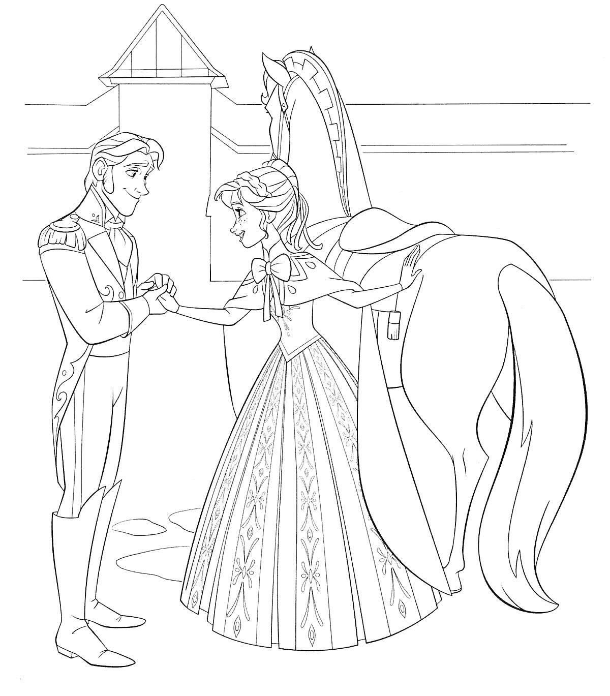 На раскраске изображено: Принцесса, Принц, Лошадь, Замок, Романтика, Королевская семья, Средневековье