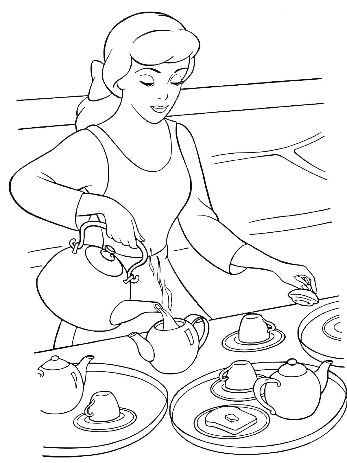 Раскраска Мама наливает чай на кухне с чайником, чашками и подносами