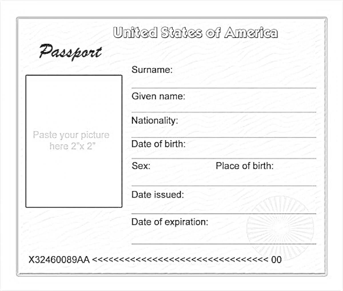 Паспорт США с полями для фамилии, имени, национальности, даты рождения, пола, места рождения, даты выдачи и срока действия, а также места для фотографии