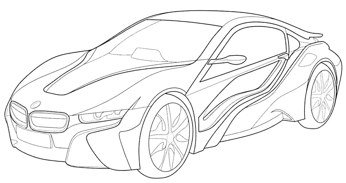 Раскраска BMW i8 с детальным прорисованным кузовом и колёсами